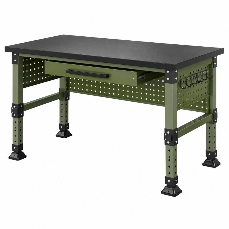 Stół warsztatowy 120 x 60 x 85 cm stalowy zielono-czarny z szufladą i panelem perforowanym