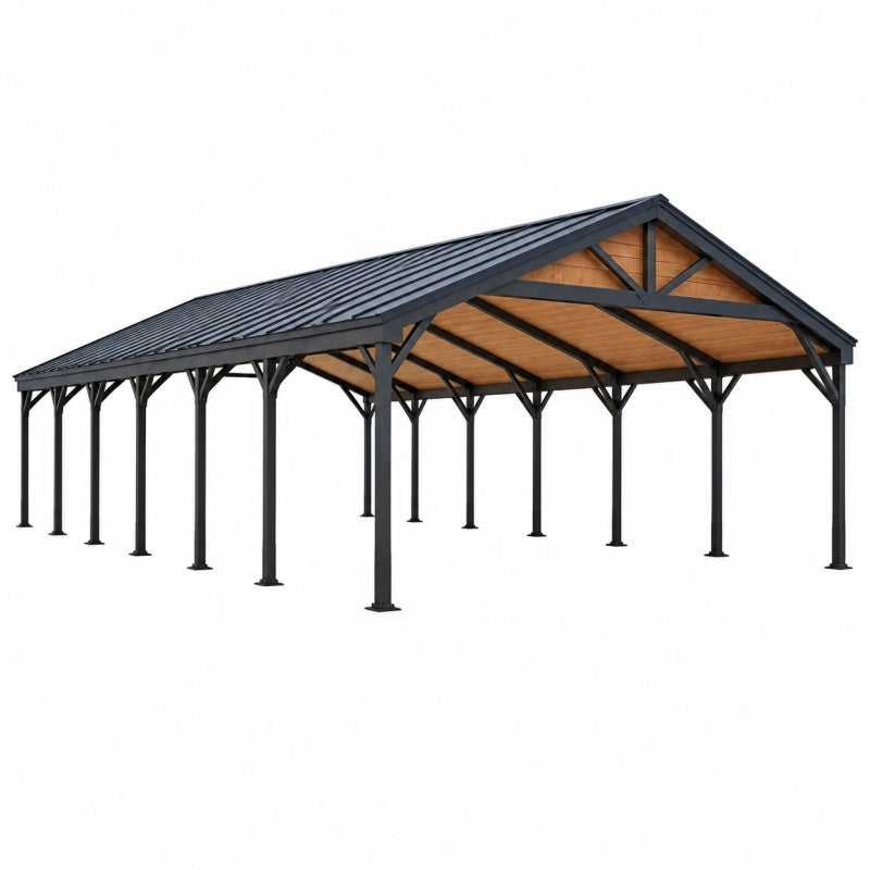 Wiata samochodowa 1200 x 600 x 350 cm stalowa czarno brązowa z dachem dwuspadowym