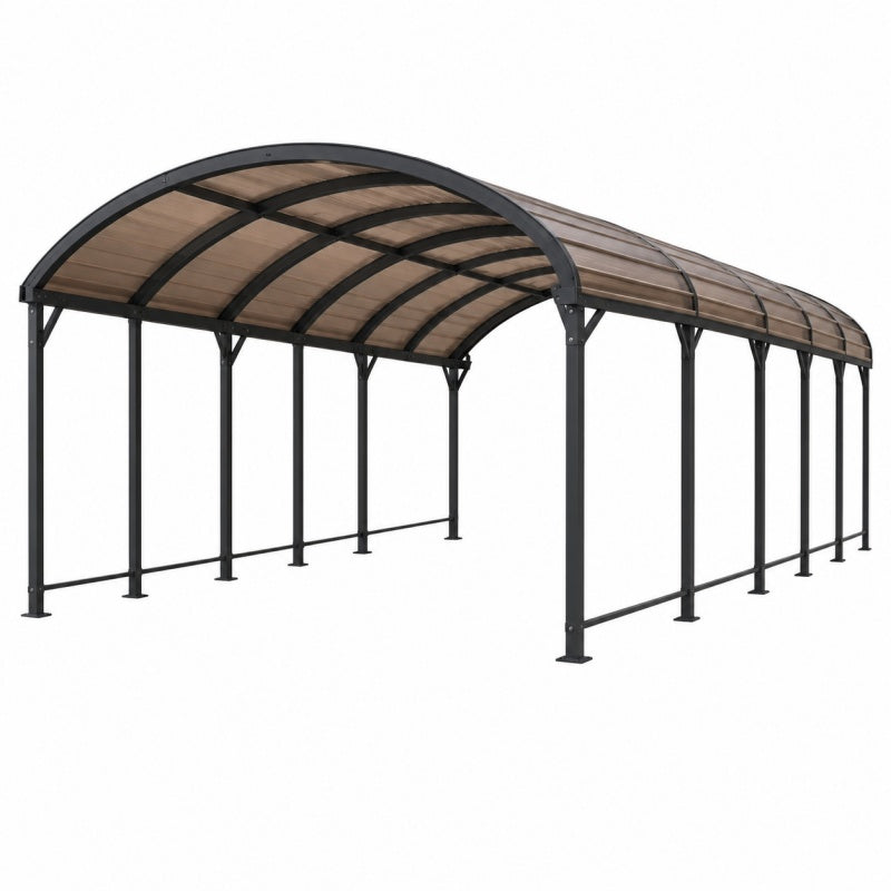 Wiata garażowa 600 x 300 x 270 cm z metalową ramą i brązowym dachem łukowym