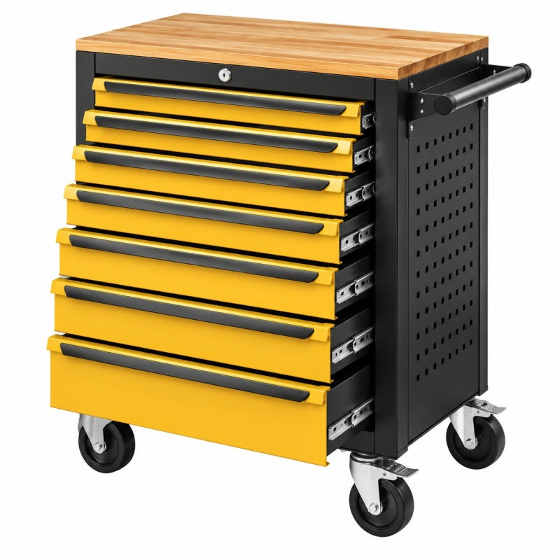 Wózek warsztatowy z szufladami 77 x 46 x 97 cm stal żółto-czarny z drewnianym blatem mobilny