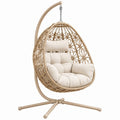 Fotel wiszący 105 x 105 x 195 cm beżowy z plecionki - boho ze stelażem metalowym