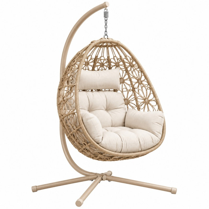 Fotel wiszący 105 x 105 x 195 cm beżowy z plecionki - boho ze stelażem metalowym
