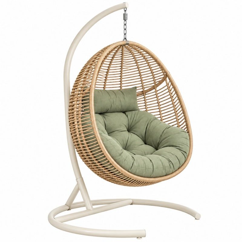 Fotel wiszący 105 x 105 x 195 cm z technorattanu beżowo-zielony do ogrodu w stylu boho