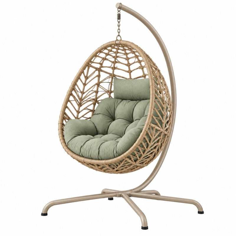 Fotel wiszący 105 x 105 x 195 cm z plecionki i metalu beżowo-zielony do ogrodu ze stelażem