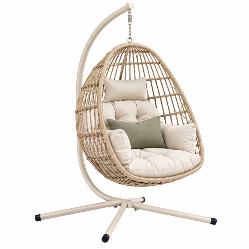 Fotel wiszący 105 x 105 x 195 cm beżowy z plecionką i metalowym stelażem do ogrodu