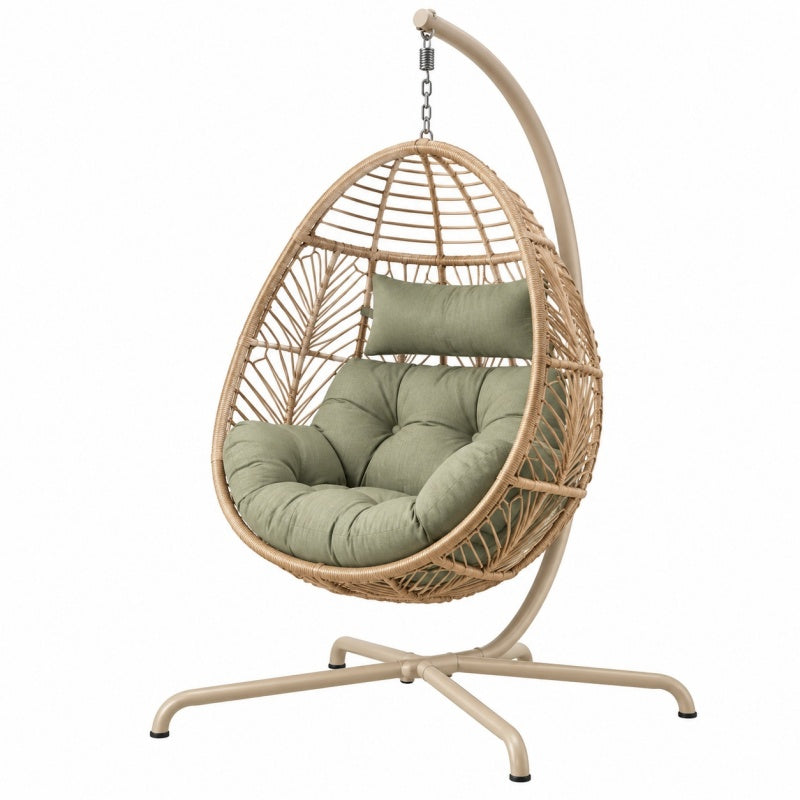 Fotel wiszący ogrodowy 105 x 105 x 195 cm z technorattanu beżowy z zielonymi poduszkami
