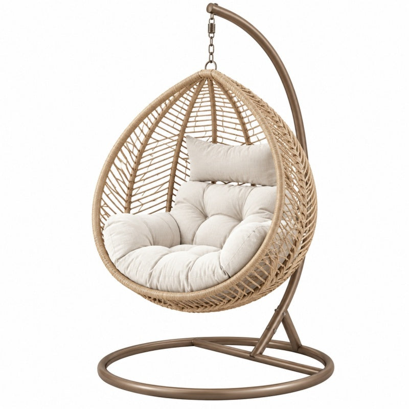 Fotel wiszący ogrodowy 105 x 105 x 195 cm z plecionki syntetycznej beżowy ze stalowym stelażem - boho do wypoczynku