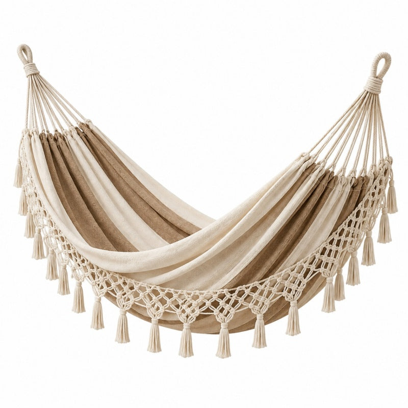 Hamak wiszący 200 x 150 cm bawełniany beżowo-brązowy - boho z frędzlami
